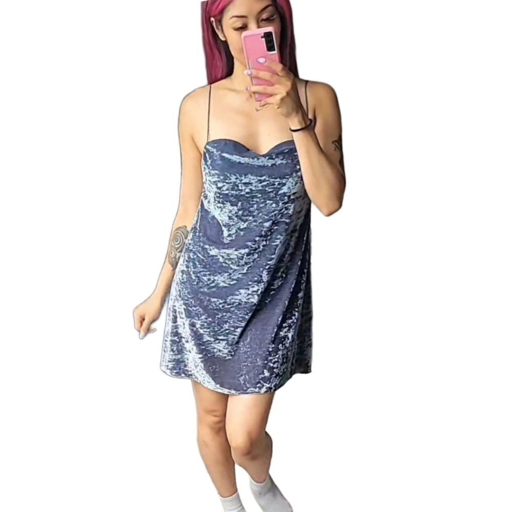 Show Me Your MuMu Blue Crushed Velvet Tiffany Slip Dress Small